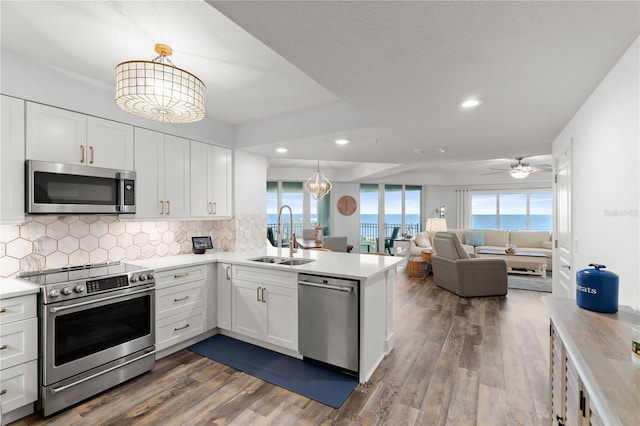 kitchen with stainless steel appliances, a sink, healthy amount of natural light, backsplash, and recessed lighting