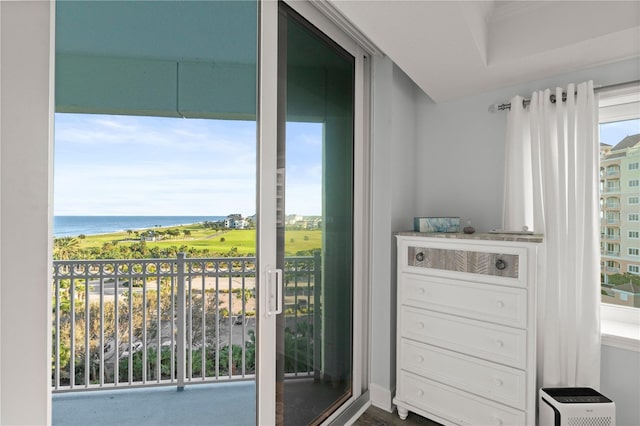 entryway with a water view