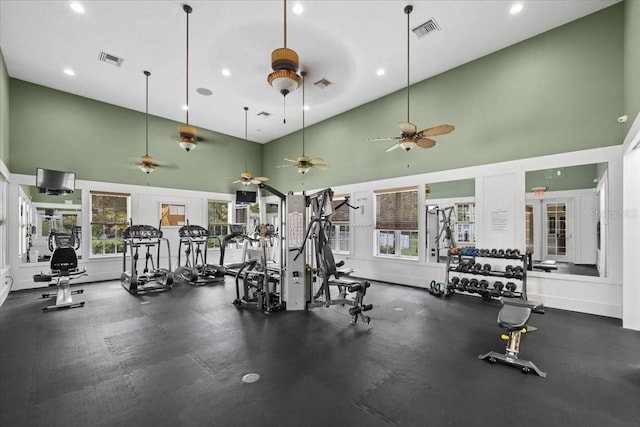 70 Riverview Bnd S Unit 715, Palm Coast, FL 32137 - exercise room with ceiling fan, high vaulted ceiling, recessed lighting, and healthy amount of natural light