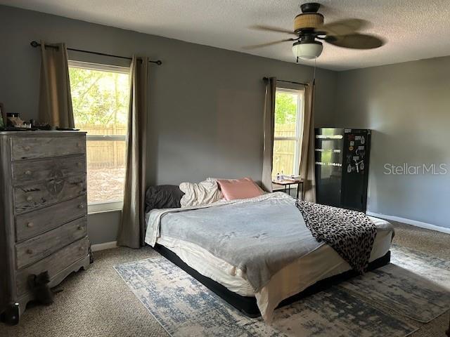 1 Belvedere Ln, Palm Coast, FL 32137 - carpeted bedroom with a textured ceiling and a ceiling fan