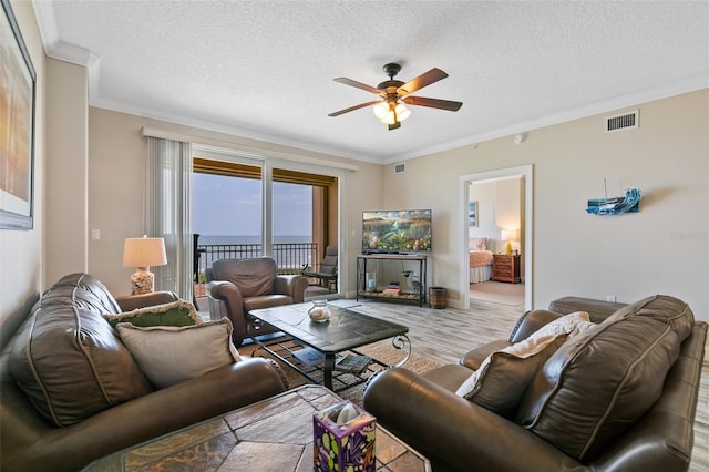 living area featuring ceiling fan, crown molding, a textured ceiling, and light wood finished floors