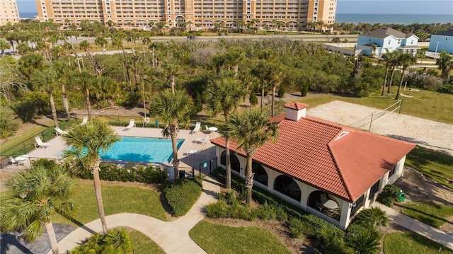 aerial view of a pool