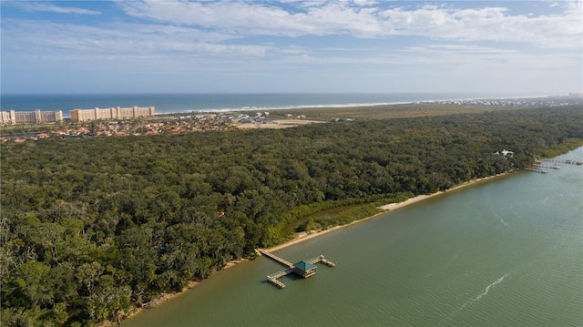 aerial view of a heavily wooded area and a nearby body of water