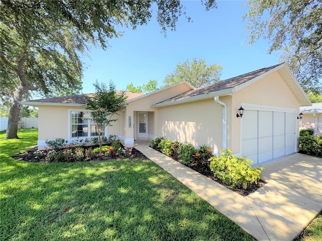 613 Clairmont Ln, South Daytona, FL 32119 - ranch-style home with stucco siding, an attached garage, a front yard, and concrete driveway