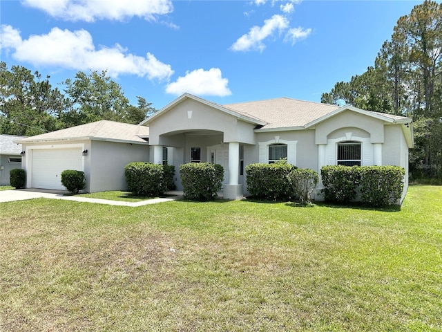 15 Ruth Dr, Palm Coast, FL 32164 - view of front of house featuring stucco siding, a front lawn, concrete driveway, an attached garage, and roof with shingles