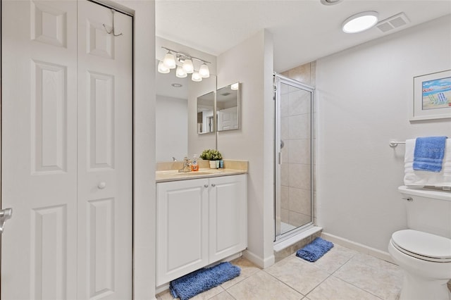 80 Surfview Dr Unit 718, Palm Coast, FL 32137 - bathroom featuring a closet, vanity, tile patterned floors, and a shower stall