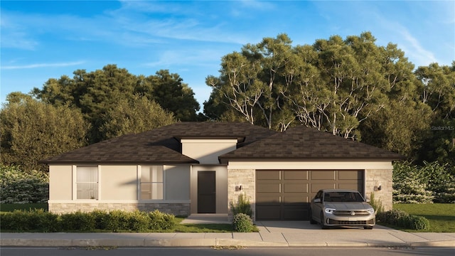 view of front of house featuring stone siding, a garage, driveway, and roof with shingles