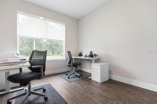 office with wood finished floors and baseboards