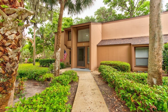entrance to property featuring stucco siding and a shingled roof