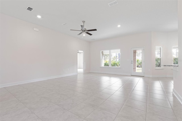 unfurnished room with a ceiling fan, light tile patterned floors, recessed lighting, and baseboards