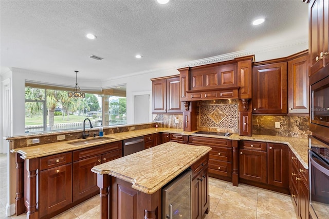 kitchen with a sink, stainless steel appliances, wine cooler, a kitchen island, and backsplash