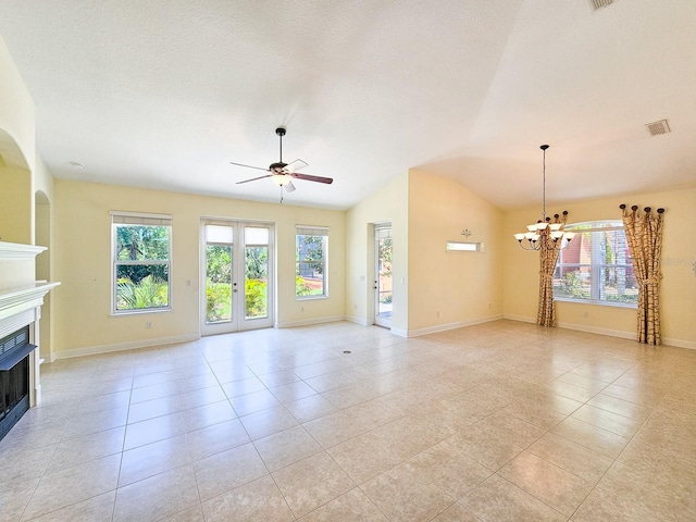 71 N Riverwalk Dr, Palm Coast, FL 32137 - unfurnished living room featuring a fireplace, a chandelier, a ceiling fan, light tile patterned floors, and vaulted ceiling