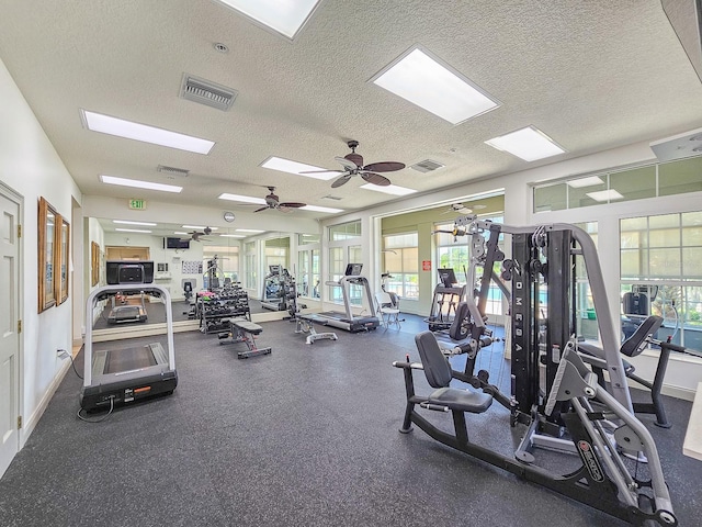 71 N Riverwalk Dr, Palm Coast, FL 32137 - workout area featuring a textured ceiling, ceiling fan, and baseboards