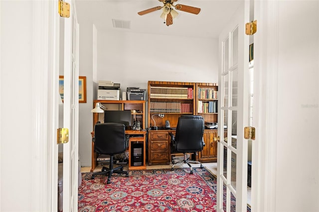 91 Breeze Hill Ln, Palm Coast, FL 32137 - home office with ceiling fan, french doors, and carpet floors