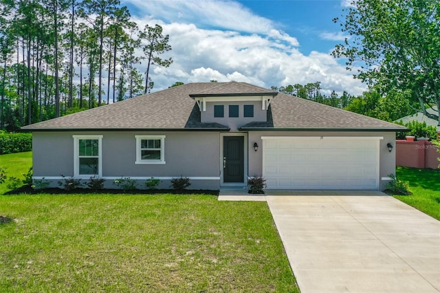 19 Ethel Ln, Palm Coast, FL 32164 - view of front facade with stucco siding, a shingled roof, a front lawn, driveway, and an attached garage