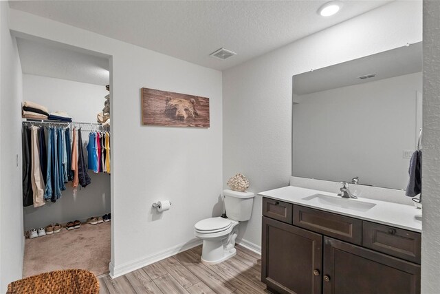 9 Waldron Pl, Palm Coast, FL 32164 - bathroom with toilet, vanity, wood finished floors, a walk in closet, and a textured ceiling