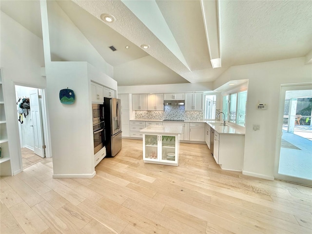 4 Cotton Ct, Palm Coast, FL 32137 - kitchen with a sink, light countertops, vaulted ceiling, light wood finished floors, and appliances with stainless steel finishes