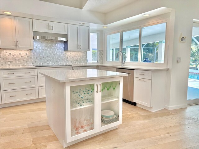 4 Cotton Ct, Palm Coast, FL 32137 - kitchen featuring under cabinet range hood, stainless steel dishwasher, a sink, light countertops, and decorative backsplash