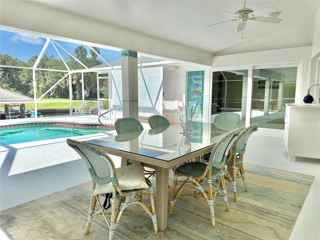 4 Cotton Ct, Palm Coast, FL 32137 - sunroom / solarium featuring ceiling fan, lofted ceiling, and outdoor dining area
