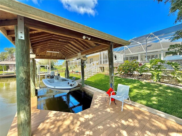4 Cotton Ct, Palm Coast, FL 32137 - dock area with boat lift, a yard, a water view, and glass enclosure