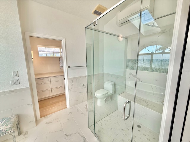 4 Cotton Ct, Palm Coast, FL 32137 - full bath with tile walls, a stall shower, marble look tile flooring, toilet, and wainscoting