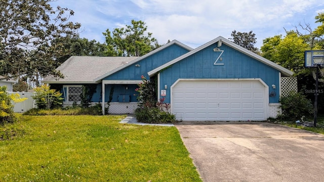 20 Eastgate Ln, Palm Coast, FL 32164 - view of front of house featuring a front lawn, concrete driveway, an attached garage, brick siding, and board and batten siding