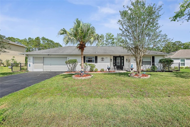 ranch-style house with asphalt driveway, an attached garage, and a front lawn