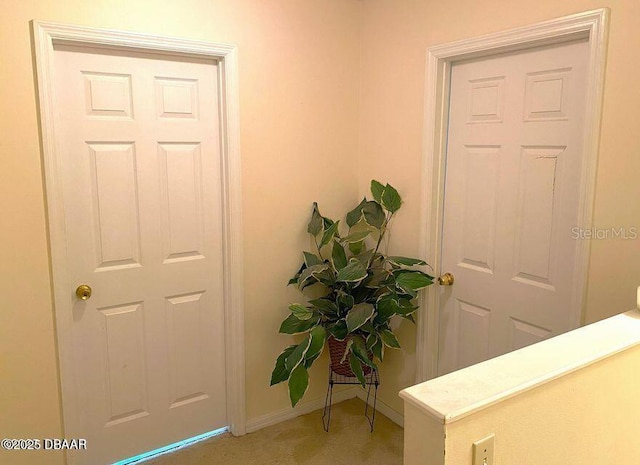 doorway featuring baseboards and light colored carpet