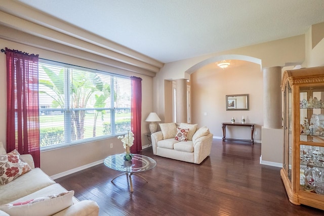 30 Westridge Ln, Palm Coast, FL 32164 - living area featuring arched walkways, healthy amount of natural light, dark wood-style floors, and baseboards