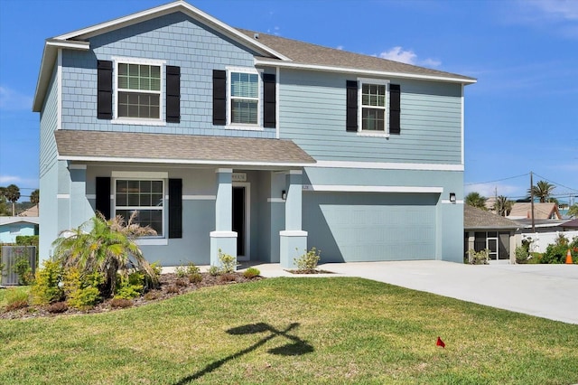 3828 S Atlantic Ave, Daytona Beach, FL 32118 - view of front of home featuring roof with shingles, a garage, driveway, a front yard, and stucco siding