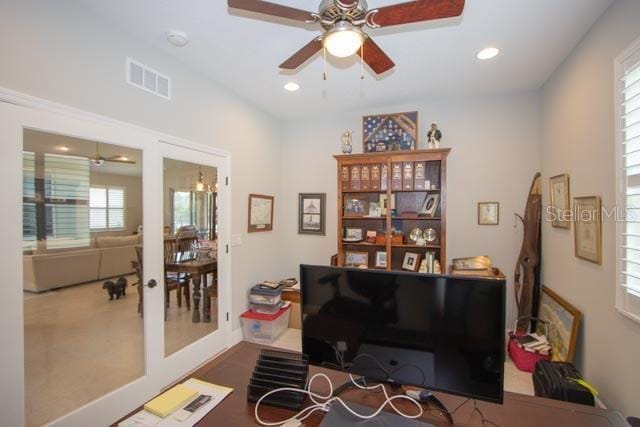 37 Lagoon Way, Palm Coast, FL 32137 - office featuring ceiling fan, plenty of natural light, french doors, and recessed lighting
