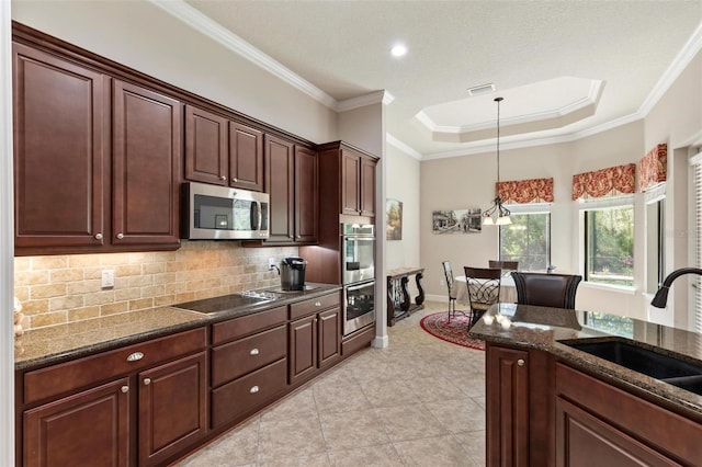 716 Woodbridge Ct, Ormond Beach, FL 32174 - kitchen with appliances with stainless steel finishes, a sink, tasteful backsplash, a raised ceiling, and ornamental molding