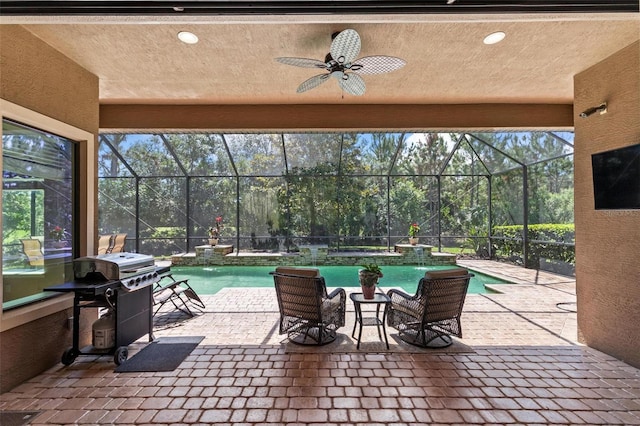 716 Woodbridge Ct, Ormond Beach, FL 32174 - view of patio / terrace with a grill, an outdoor pool, glass enclosure, and ceiling fan