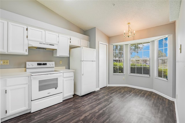 2212 Cortez Ct, Middleburg, FL 32068 - kitchen with white appliances, under cabinet range hood, a chandelier, dark wood-type flooring, and white cabinets