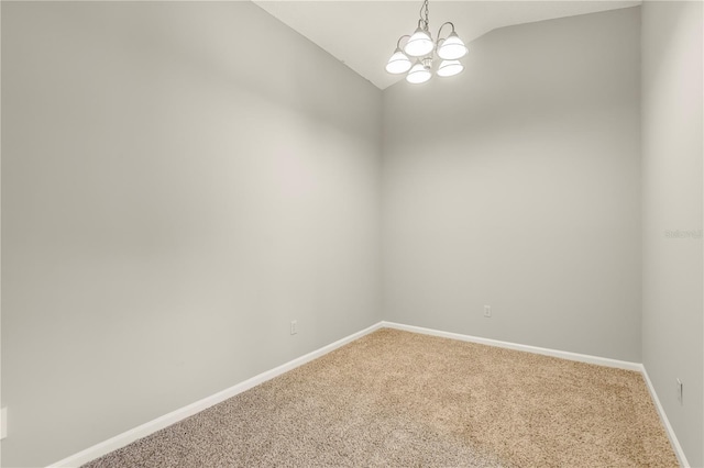 2212 Cortez Ct, Middleburg, FL 32068 - unfurnished room with light colored carpet, vaulted ceiling, a chandelier, and baseboards