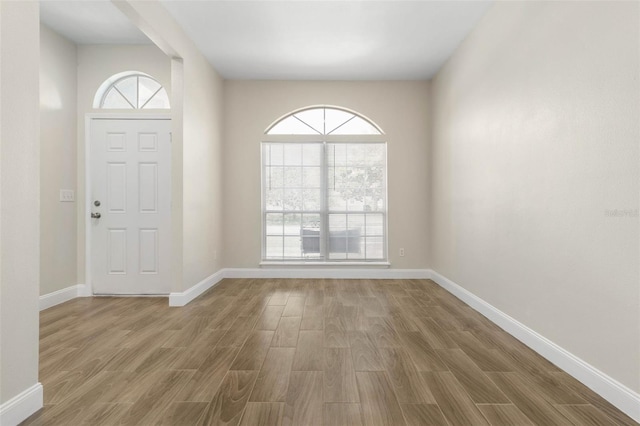 entryway with wood finished floors, plenty of natural light, and baseboards