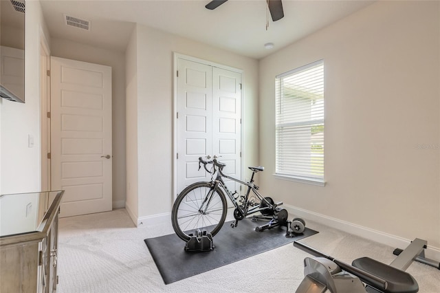 2840 Monaghan Dr, Ormond Beach, FL 32174 - exercise area featuring baseboards, carpet flooring, and a ceiling fan