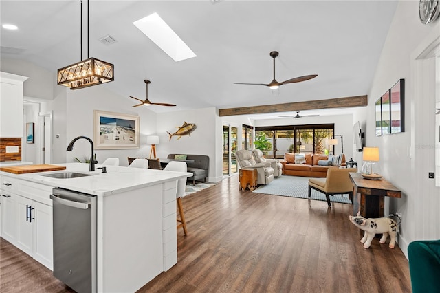 54 Fordham Ln, Palm Coast, FL 32137 - kitchen featuring a sink, a ceiling fan, stainless steel dishwasher, vaulted ceiling, and dark wood-style floors