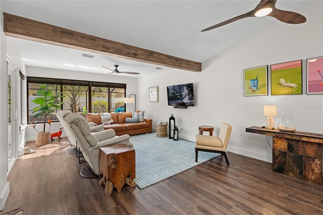 54 Fordham Ln, Palm Coast, FL 32137 - living area with a ceiling fan, wood finished floors, baseboards, and beam ceiling