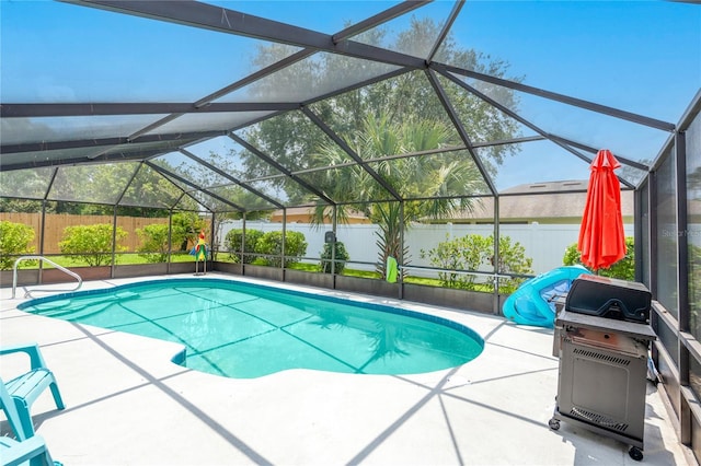 54 Fordham Ln, Palm Coast, FL 32137 - view of swimming pool featuring a fenced backyard, a patio area, grilling area, and glass enclosure