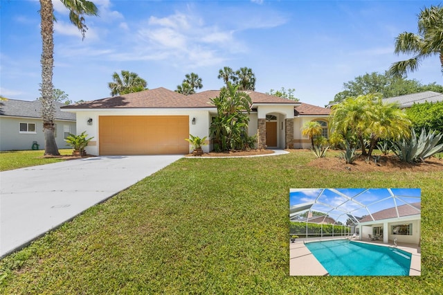 11 White Oak Ln, Palm Coast, FL 32164 - view of front of home with a garage, stucco siding, a front lawn, glass enclosure, and driveway
