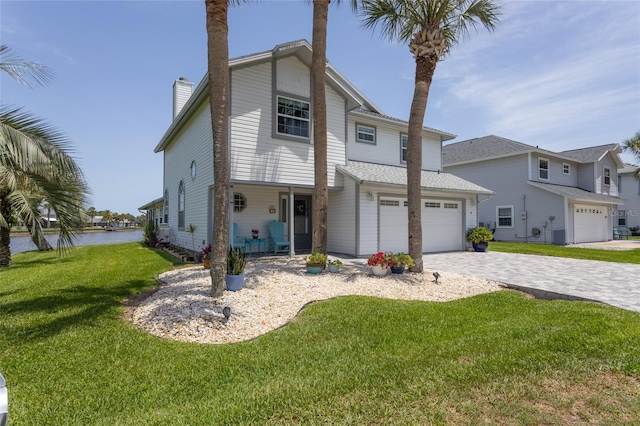 7 Bristol Dr, Palm Coast, FL 32137 - view of front of home with covered porch, a front yard, decorative driveway, a chimney, and an attached garage