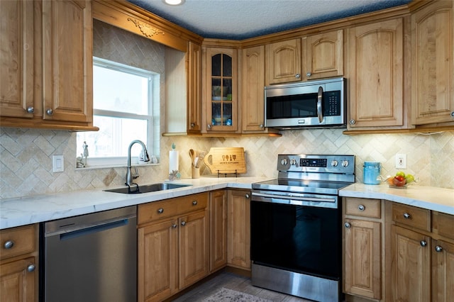 7 Bristol Dr, Palm Coast, FL 32137 - kitchen featuring appliances with stainless steel finishes, a sink, glass insert cabinets, and brown cabinets