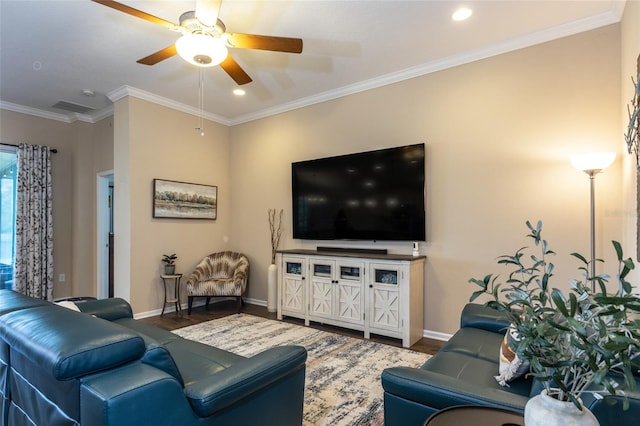 115 N Coopers Hawk Way, Palm Coast, FL 32164 - living area with wood finished floors, ceiling fan, baseboards, ornamental molding, and recessed lighting