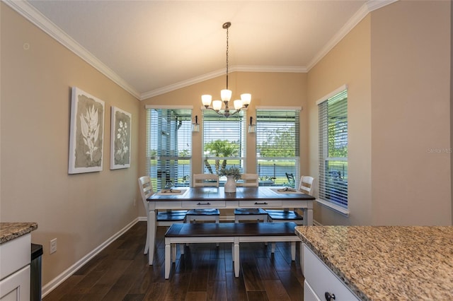 115 N Coopers Hawk Way, Palm Coast, FL 32164 - dining room with a chandelier, dark wood-type flooring, crown molding, baseboards, and lofted ceiling