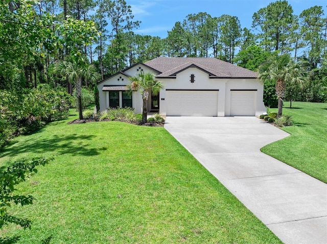 27 Bay Ct, Ormond Beach, FL 32174 - view of front facade with driveway, stucco siding, a garage, a front yard, and a shingled roof
