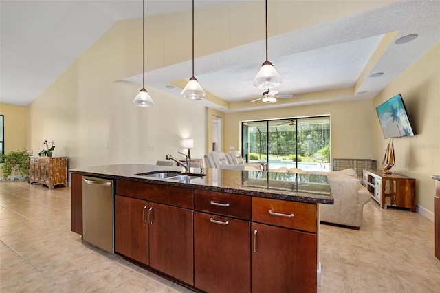 27 Bay Ct, Ormond Beach, FL 32174 - kitchen with a sink, open floor plan, dishwasher, ceiling fan, and lofted ceiling