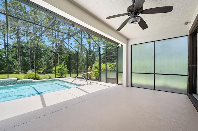 27 Bay Ct, Ormond Beach, FL 32174 - outdoor pool with a patio area, a ceiling fan, a lanai, and view of scattered trees