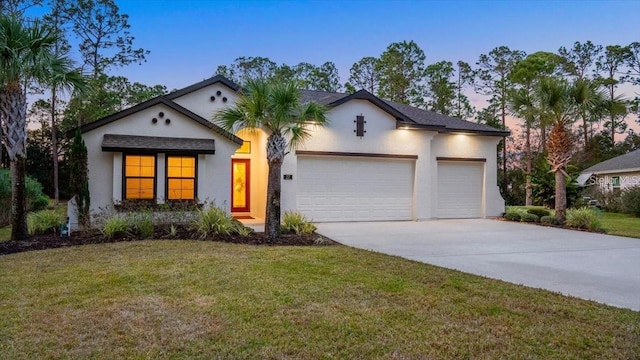 27 Bay Ct, Ormond Beach, FL 32174 - view of front facade with a garage, concrete driveway, stucco siding, and a lawn