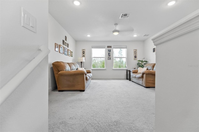 40 Oakleaf Way, Palm Coast, FL 32137 - living room featuring recessed lighting, carpet flooring, baseboards, and a ceiling fan